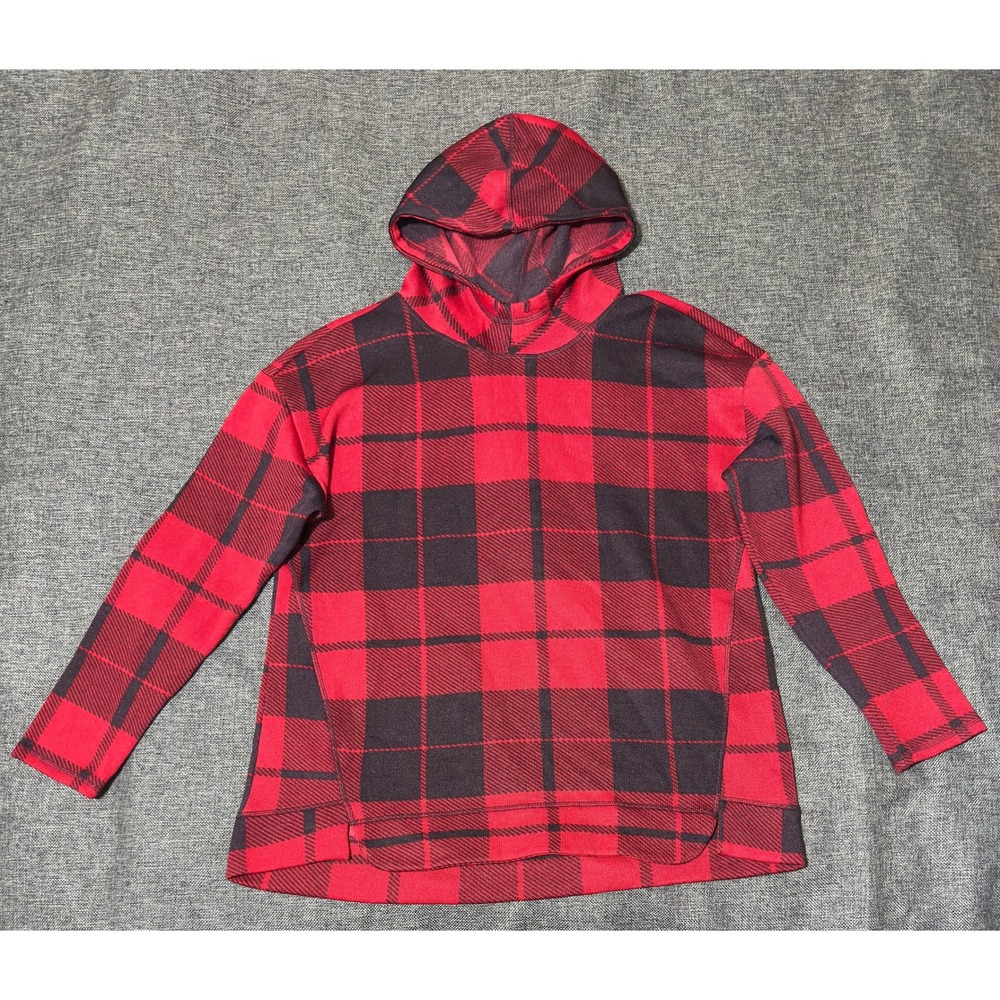 St John's Bay Womens XL Hoodie Red Black Buffalo Plaid Fleece Pullover